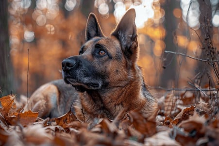 A Belgian Malinois dog rolling in a patch of dead leaves and twigs on the forest floor, focused on gathering the natural scents around it