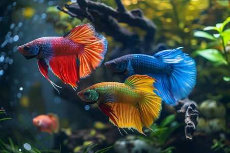 Three female Betta fish of different vibrant colors swimming peacefully in a planted aquarium