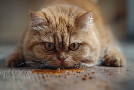Close-up of a Persian cat with a guilty, anxious expression staring at a stained spot on the hardwood floor where it has defecated