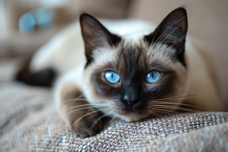 Siamese cat with piercing blue eyes and a sleek, pointed coat curled up on a plush cushion