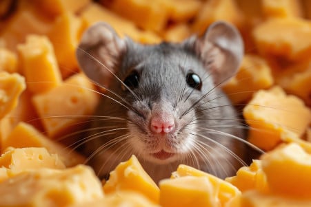 Close-up of a curious-looking brown and white fancy rat peering out from a pile of crumbled cheddar cheese