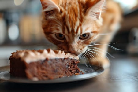 Orange tabby cat sniffing at a piece of chocolate cake on a plate in a kitchen