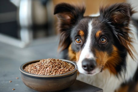 Alert Border Collie sitting next to a bowl of ground flax seeds on a kitchen counter