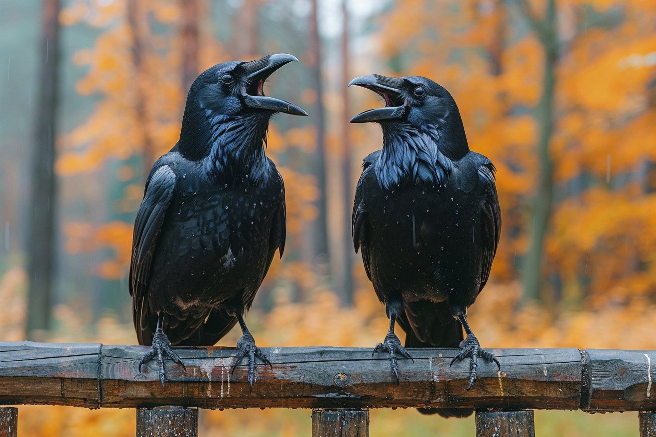 Two crows cawing loudly while perched on a wooden fence, with ruffled feathers