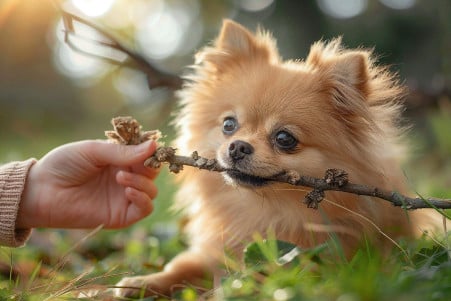 Fluffy Pomeranian dog trying to pick up a thick tree branch, with its owner gently taking the branch away in a grassy backyard