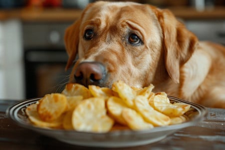 Labrador Retriever sniffing a plate of potato skins in a clean kitchen setting
