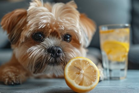 Shih Tzu dog cautiously sniffing a slice of lemon on a low table, with a glass of lemon water visible in the background