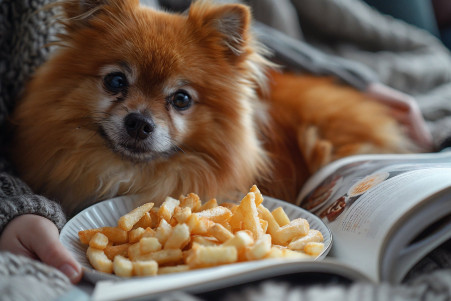 Concerned Pomeranian dog sniffing a plate of french fries, with owner holding a book on canine nutrition