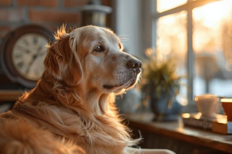 A curious golden retriever sitting in a sunlit room, head tilted as if pondering the passage of time