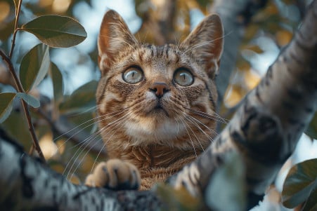 A worried owner looking up at a tabby cat clinging to the branches of a tall oak tree