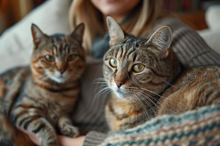 A woman petting a tabby cat on her lap, while another cat nearby appears to be feeling jealous