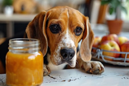 Beagle with a classic tan, black and white coat examining a jar of organic applesauce on a kitchen counter