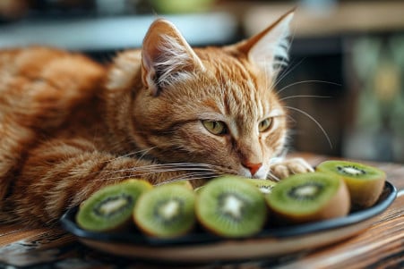 Tabby cat with a fluffy orange and white coat sitting next to a plate of cut kiwi slices, looking away disinterestedly