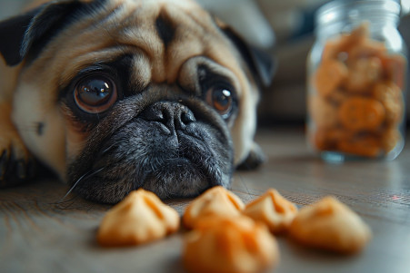 Close-up of a Pug dog inspecting a fortune cookie folded into a butterfly shape on the floor, with a jar of fortune cookies visible in the background