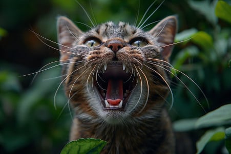 Extreme close-up of a cat's open mouth, revealing its full set of 30 permanent teeth surrounded by lush, blurred foliage