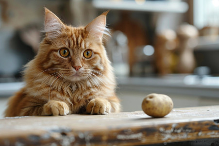 Close-up of a fluffy orange and white Maine Coon cat staring intently at a potato on a kitchen counter