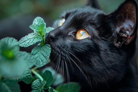 Close-up of a black cat sniffing a sprig of fresh mint with a curious expression