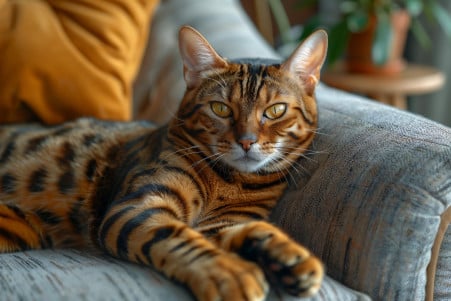 A photorealistic Bengal cat with a vibrant, spotted coat lounging on a plush chair in a cozy living room setting