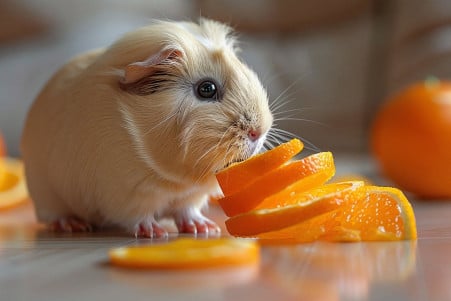 Guinea pig with cream-colored coat sniffing curiously at an orange peel on the floor