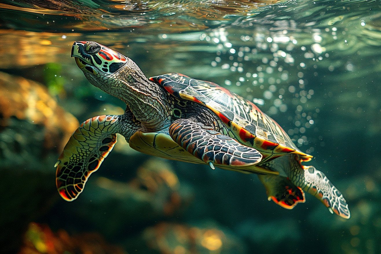 A turtle swimming just below the water's surface, its long neck extended and exhaling bubbles as its webbed feet propel it forward