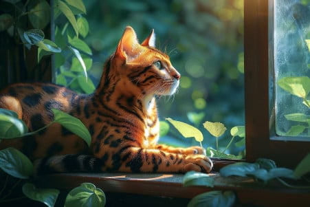 Bengal cat with an orange and black spotted coat lounging on a window sill, looking out at a green garden
