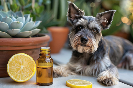 Miniature schnauzer inspecting a bottle of lemon essential oil on a patio table